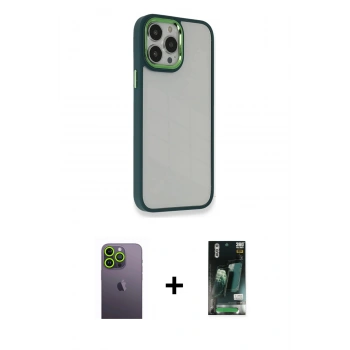 MARSİLYAN™- iPhone 13 Pro Max Kılıf Eksen Doku Prime - Şeffaf 360 Full Body Arka Koruyucu + Neon Fosforlu Kamera Lens - YL
