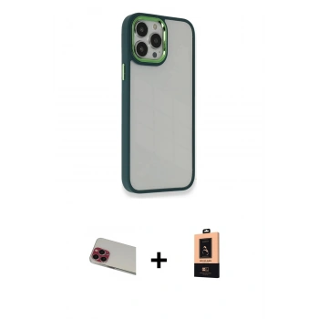 MARSİLYAN™- iPhone 13 Pro Max Kılıf Eksen Doku Prime - Şeffaf Maxco Cam Ekran Koruyucu + Rainbow Kamera Lens Koruma Cam - KI