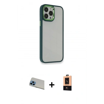 MARSİLYAN™- iPhone 13 Pro Max Kılıf Eksen Doku Prime - Şeffaf Maxco Cam Ekran Koruyucu + Rainbow Kamera Lens Koruma Cam - MI