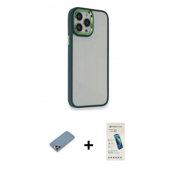 MARSİLYAN™- iPhone 13 Pro Max Kılıf Eksen Doku Prime - Şeffaf Pasifik Cam Ekran Koruyucu + Shine Kamera Lens Koruma Cam - GI