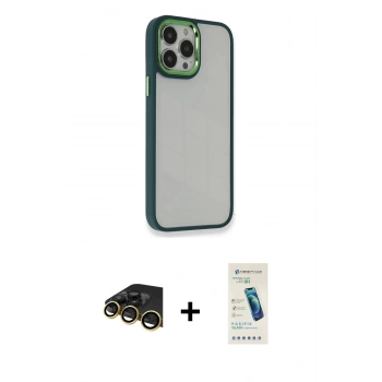 MARSİLYAN™- iPhone 13 Pro Max Kılıf Eksen Doku Prime - Şeffaf Pasifik Cam Ekran Koruyucu + Raze Metal Kamera Lens - GD