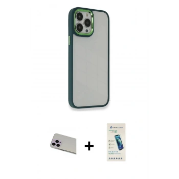 MARSİLYAN™- iPhone 13 Pro Max Kılıf Eksen Doku Prime - Şeffaf Pasifik Cam Ekran Koruyucu + Rainbow Kamera Lens Koruma Cam - MR