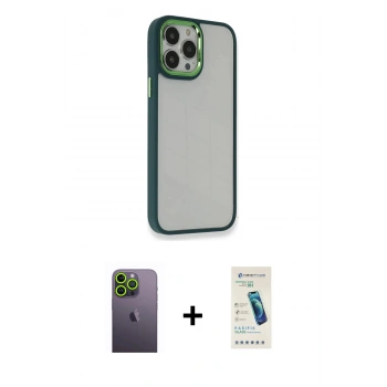 MARSİLYAN™- iPhone 13 Pro Max Kılıf Eksen Doku Prime - Şeffaf Pasifik Cam Ekran Koruyucu + Neon Fosforlu Kamera Lens - YL