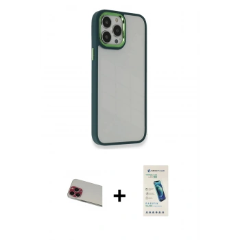 MARSİLYAN™- iPhone 13 Pro Max Kılıf Eksen Doku Prime - Şeffaf Pasifik Cam Ekran Koruyucu + Rainbow Kamera Lens Koruma Cam - KI