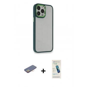 MARSİLYAN™- iPhone 13 Pro Max Kılıf Eksen Doku Prime - Şeffaf Pasifik Cam Ekran Koruyucu + Renkli Kamera Lens Koruma Cam - SI