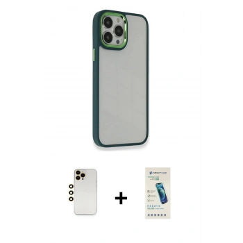 MARSİLYAN™- iPhone 13 Pro Max Kılıf Eksen Doku Prime - Şeffaf Pasifik Cam Ekran Koruyucu + Shine Kamera Lens - GD