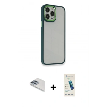 MARSİLYAN™- iPhone 13 Pro Max Kılıf Eksen Doku Prime - Şeffaf Pasifik Cam Ekran Koruyucu + Pers Alüminyum Kamera Lens - SABE