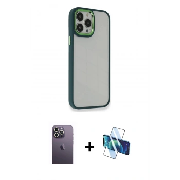 MARSİLYAN™- iPhone 13 Pro Max Kılıf Eksen Doku Prime - Siyah 3D Antistatik Cam Ekran Koruyucu + Neon Fosforlu Kamera Lens - BZ