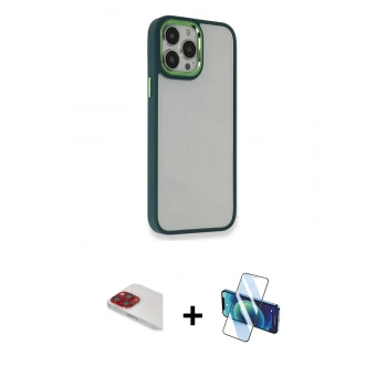 MARSİLYAN™- iPhone 13 Pro Max Kılıf Eksen Doku Prime - Siyah 3D Antistatik Cam Ekran Koruyucu + Pers Alüminyum Kamera Lens - KI