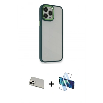 MARSİLYAN™- iPhone 13 Pro Max Kılıf Eksen Doku Prime - Siyah 3D Antistatik Cam Ekran Koruyucu + Rainbow Kamera Lens Koruma Cam - BZ