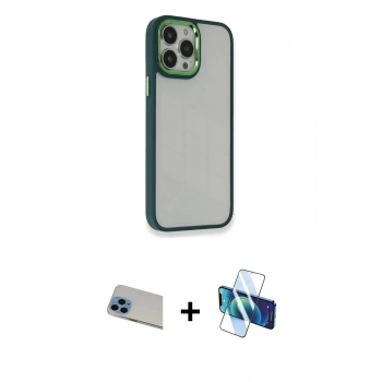 MARSİLYAN™- iPhone 13 Pro Max Kılıf Eksen Doku Prime - Siyah 3D Antistatik Cam Ekran Koruyucu + Rainbow Kamera Lens Koruma Cam - MI