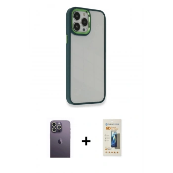 MARSİLYAN™- iPhone 13 Pro Max Kılıf Eksen Doku Prime - Siyah 6D Mat Seramik Hayalet Nano Ekran Koruyucu + Neon Fosforlu Kamera Lens - BZ