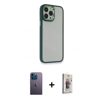 MARSİLYAN™- iPhone 13 Pro Max Kılıf Eksen Doku Prime - Siyah Bilvis 3D Cam Ekran Koruyucu + Neon Fosforlu Kamera Lens - MI