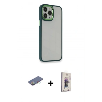 MARSİLYAN™- iPhone 13 Pro Max Kılıf Eksen Doku Prime - Siyah Bilvis 3D Cam Ekran Koruyucu + Renkli Kamera Lens Koruma Cam - MI