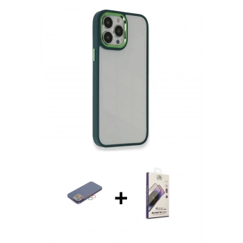 MARSİLYAN™- iPhone 13 Pro Max Kılıf Eksen Doku Prime - Siyah Bilvis 3D Mat Cam Ekran Koruyucu + Renkli Kamera Lens Koruma Cam - PE