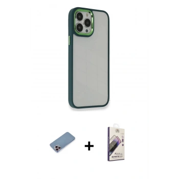 MARSİLYAN™- iPhone 13 Pro Max Kılıf Eksen Doku Prime - Siyah Bilvis 3D Mat Cam Ekran Koruyucu + Shine Kamera Lens Koruma Cam - PE
