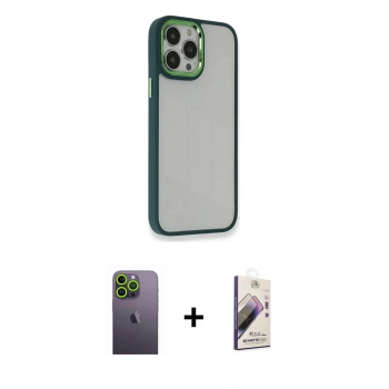 MARSİLYAN™- iPhone 13 Pro Max Kılıf Eksen Doku Prime - Siyah Bilvis 3D Mat Cam Ekran Koruyucu + Neon Fosforlu Kamera Lens - YL