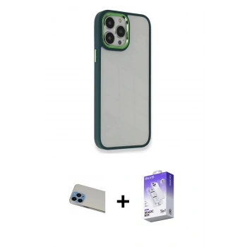 MARSİLYAN™- iPhone 13 Pro Max Kılıf Eksen Doku Prime - Siyah Bilvis 5in1 3D Magic Cam Ekran Koruyucu + Rainbow Kamera Lens Koruma Cam - MI