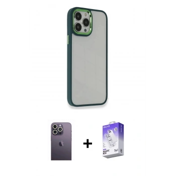 MARSİLYAN™- iPhone 13 Pro Max Kılıf Eksen Doku Prime - Siyah Bilvis 5in1 3D Magic Cam Ekran Koruyucu + Neon Fosforlu Kamera Lens - BZ