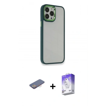 MARSİLYAN™- iPhone 13 Pro Max Kılıf Eksen Doku Prime - Siyah Bilvis 5in1 3D Magic Cam Ekran Koruyucu + Renkli Kamera Lens Koruma Cam - PE