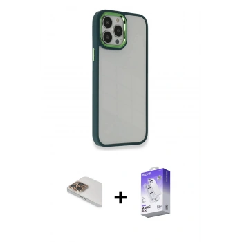 MARSİLYAN™- iPhone 13 Pro Max Kılıf Eksen Doku Prime - Siyah Bilvis 5in1 3D Magic Cam Ekran Koruyucu + Pers Alüminyum Kamera Lens - GD