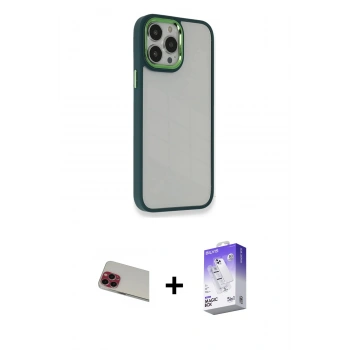 MARSİLYAN™- iPhone 13 Pro Max Kılıf Eksen Doku Prime - Siyah Bilvis 5in1 3D Magic Cam Ekran Koruyucu + Rainbow Kamera Lens Koruma Cam - KI