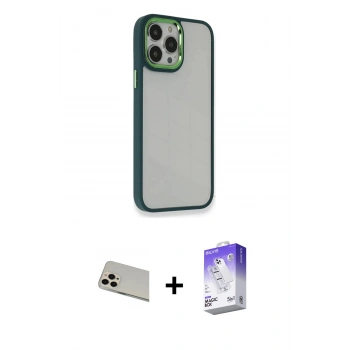 MARSİLYAN™- iPhone 13 Pro Max Kılıf Eksen Doku Prime - Siyah Bilvis 5in1 3D Magic Cam Ekran Koruyucu + Rainbow Kamera Lens Koruma Cam - REGD