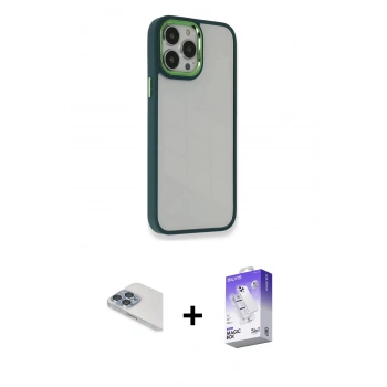MARSİLYAN™- iPhone 13 Pro Max Kılıf Eksen Doku Prime - Siyah Bilvis 5in1 3D Magic Cam Ekran Koruyucu + Pers Alüminyum Kamera Lens - SABE
