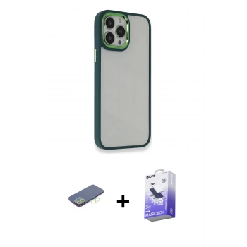 MARSİLYAN™- iPhone 13 Pro Max Kılıf Eksen Doku Prime - Siyah Bilvis 5in1 5D Magic Hayalet Cam Ekran Koruyucu + Renkli Kamera Lens Koruma Cam - YL