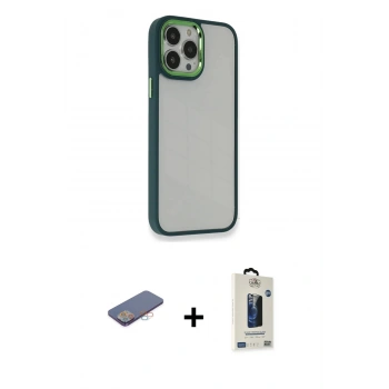 MARSİLYAN™- iPhone 13 Pro Max Kılıf Eksen Doku Prime - Siyah Bilvis Hayalet Cam Ekran Koruyucu + Renkli Kamera Lens Koruma Cam - PE
