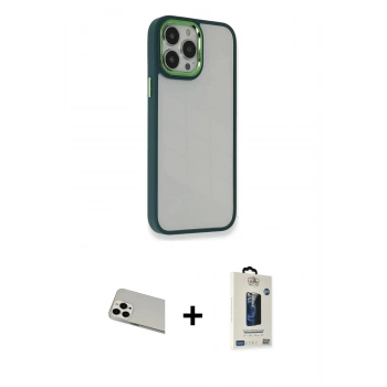 MARSİLYAN™- iPhone 13 Pro Max Kılıf Eksen Doku Prime - Siyah Bilvis Hayalet Cam Ekran Koruyucu + Rainbow Kamera Lens Koruma Cam - BZ