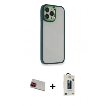 MARSİLYAN™- iPhone 13 Pro Max Kılıf Eksen Doku Prime - Siyah Bilvis Hayalet Cam Ekran Koruyucu + Rainbow Kamera Lens Koruma Cam - KI