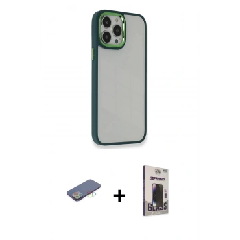 MARSİLYAN™- iPhone 13 Pro Max Kılıf Eksen Doku Prime - Siyah Bilvis Hayalet Cam Ekran Koruyucu + Renkli Kamera Lens Koruma Cam - MI