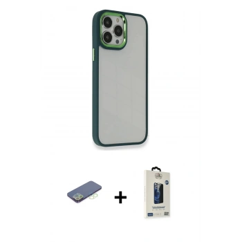 MARSİLYAN™- iPhone 13 Pro Max Kılıf Eksen Doku Prime - Siyah Bilvis Hayalet Cam Ekran Koruyucu + Renkli Kamera Lens Koruma Cam - YL