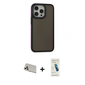 MARSİLYAN™- iPhone 13 Pro Max Kılıf Eksen Işık - Şeffaf Pasifik Cam Ekran Koruyucu + Rainbow Kamera Lens Koruma Cam - BZ