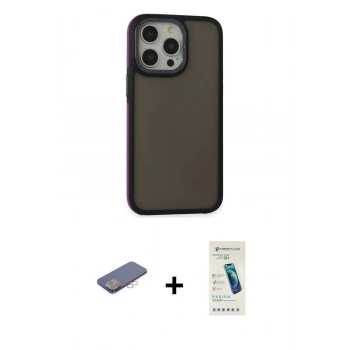 MARSİLYAN™- iPhone 13 Pro Max Kılıf Eksen Işık - Şeffaf Pasifik Cam Ekran Koruyucu + Renkli Kamera Lens Koruma Cam - PE