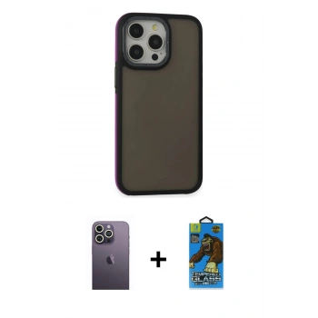 MARSİLYAN™- iPhone 13 Pro Max Kılıf Eksen Işık - Siyah 18D Cam Ekran Koruyucu + Neon Fosforlu Kamera Lens - BZ