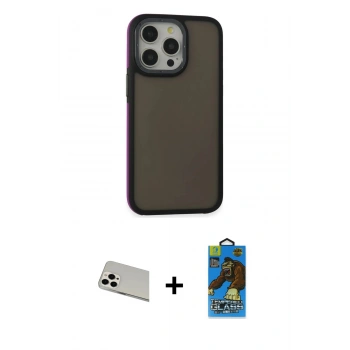 MARSİLYAN™- iPhone 13 Pro Max Kılıf Eksen Işık - Siyah 18D Cam Ekran Koruyucu + Rainbow Kamera Lens Koruma Cam - BZ