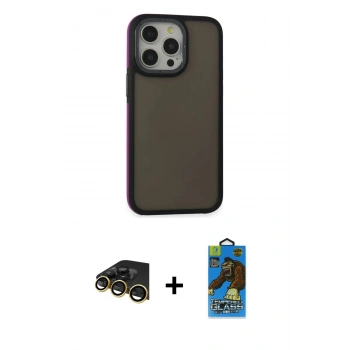 MARSİLYAN™- iPhone 13 Pro Max Kılıf Eksen Işık - Siyah 18D Cam Ekran Koruyucu + Raze Metal Kamera Lens - GD