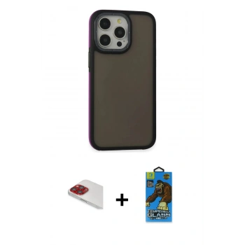 MARSİLYAN™- iPhone 13 Pro Max Kılıf Eksen Işık - Siyah 18D Cam Ekran Koruyucu + Pers Alüminyum Kamera Lens - KI