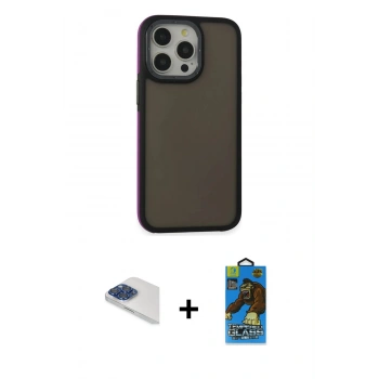 MARSİLYAN™- iPhone 13 Pro Max Kılıf Eksen Işık - Siyah 18D Cam Ekran Koruyucu + Pers Alüminyum Kamera Lens - LT