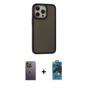 MARSİLYAN™- iPhone 13 Pro Max Kılıf Eksen Işık - Siyah 18D Cam Ekran Koruyucu + Neon Fosforlu Kamera Lens - YL