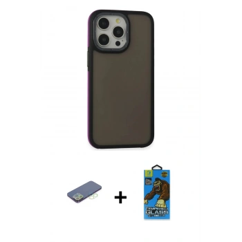 MARSİLYAN™- iPhone 13 Pro Max Kılıf Eksen Işık - Siyah 18D Cam Ekran Koruyucu + Renkli Kamera Lens Koruma Cam - YL