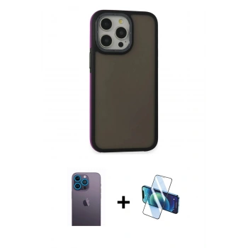 MARSİLYAN™- iPhone 13 Pro Max Kılıf Eksen Işık - Siyah 3D Antistatik Cam Ekran Koruyucu + Neon Fosforlu Kamera Lens - MI