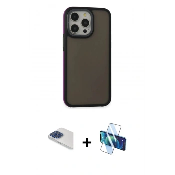 MARSİLYAN™- iPhone 13 Pro Max Kılıf Eksen Işık - Siyah 3D Antistatik Cam Ekran Koruyucu + Pers Alüminyum Kamera Lens - LT