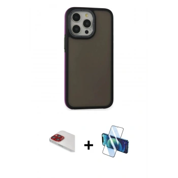 MARSİLYAN™- iPhone 13 Pro Max Kılıf Eksen Işık - Siyah 3D Antistatik Cam Ekran Koruyucu + Pers Alüminyum Kamera Lens - KI