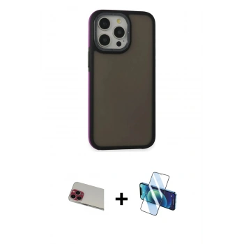 MARSİLYAN™- iPhone 13 Pro Max Kılıf Eksen Işık - Siyah 3D Antistatik Cam Ekran Koruyucu + Rainbow Kamera Lens Koruma Cam - KI