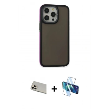 MARSİLYAN™- iPhone 13 Pro Max Kılıf Eksen Işık - Siyah 3D Antistatik Cam Ekran Koruyucu + Rainbow Kamera Lens Koruma Cam - REGD