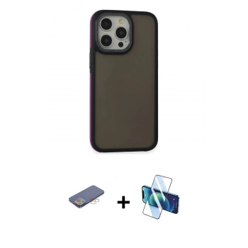 MARSİLYAN™- iPhone 13 Pro Max Kılıf Eksen Işık - Siyah 3D Antistatik Cam Ekran Koruyucu + Renkli Kamera Lens Koruma Cam - MI