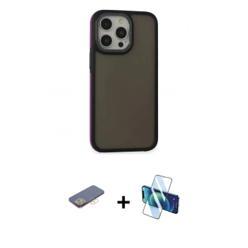 MARSİLYAN™- iPhone 13 Pro Max Kılıf Eksen Işık - Siyah 3D Antistatik Cam Ekran Koruyucu + Renkli Kamera Lens Koruma Cam - SI